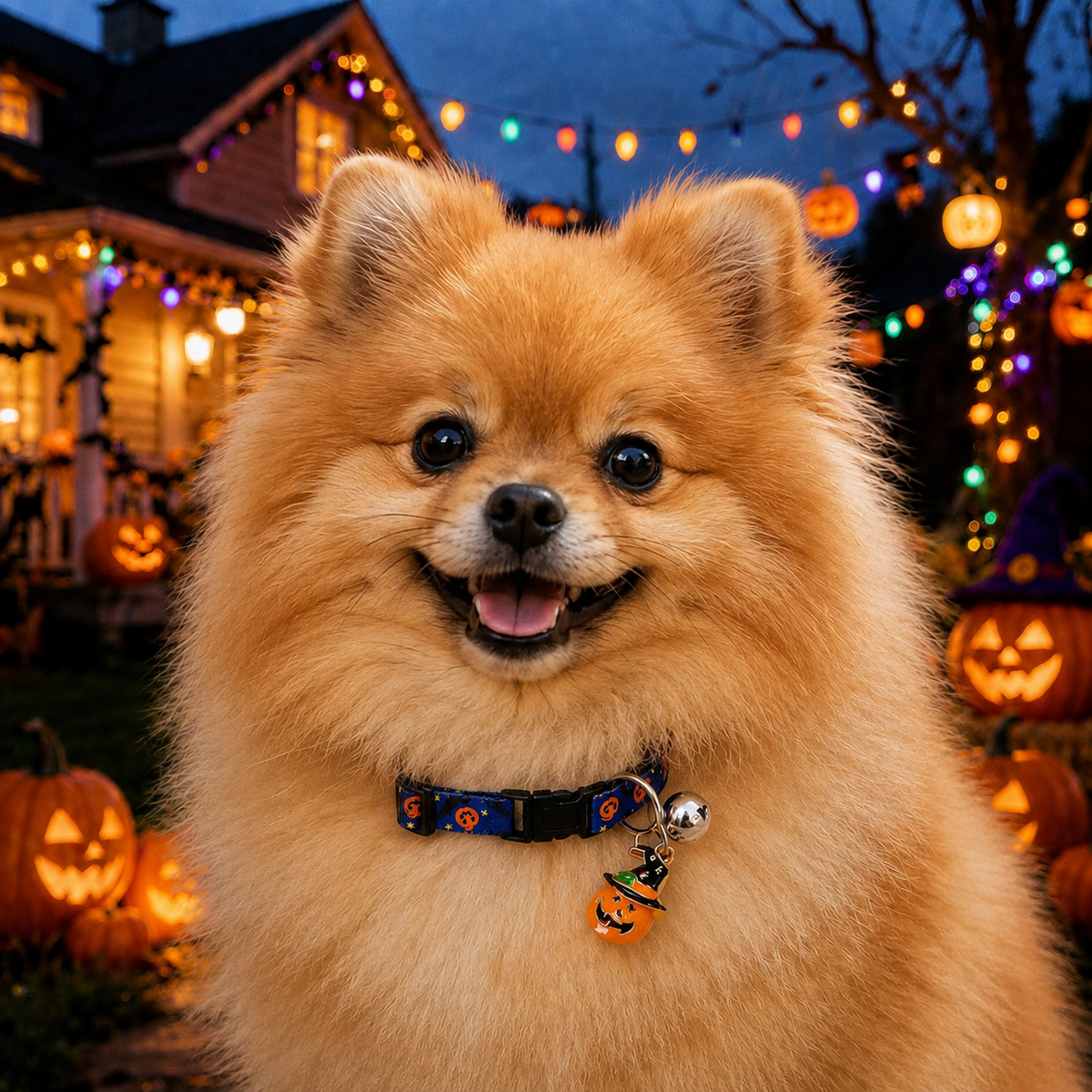 Magic Pumpkin Dog Collar with Halloween Print and Bell Charm