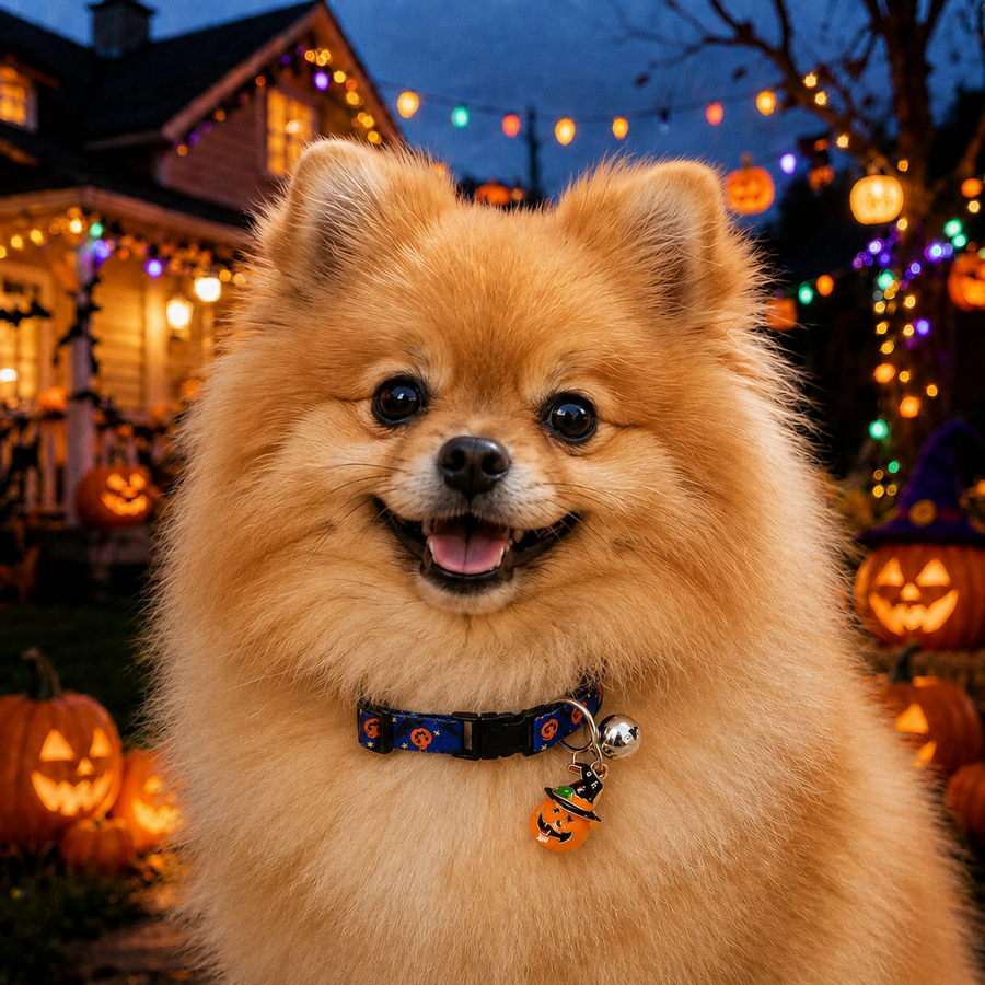 Magic Pumpkin Dog Collar with Halloween Print and Bell Charm