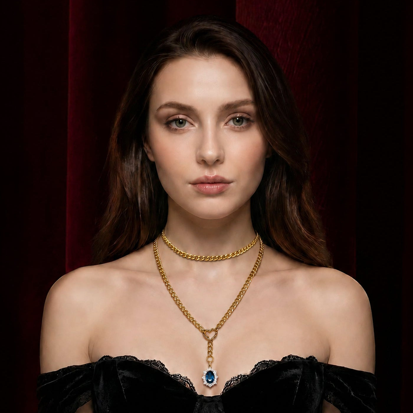 Blue Gem Heart Lariat Choker