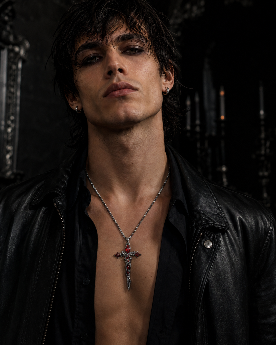 Thorned Red Diamond Holy Sword Cross Cuban Chain Necklace