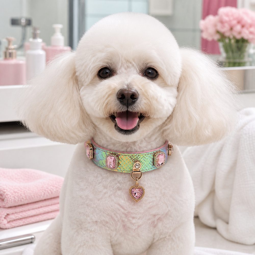 Prismatic Scale Dog Collar with Pink Crystals and Heart Charm
