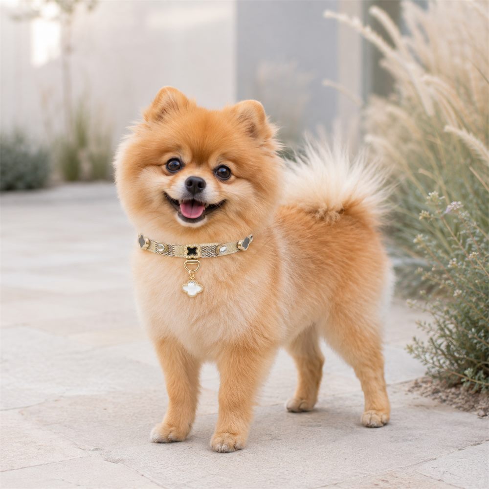 Golden Lucky Clover Dog Collar with Iridescent Finish and Crystal Charm