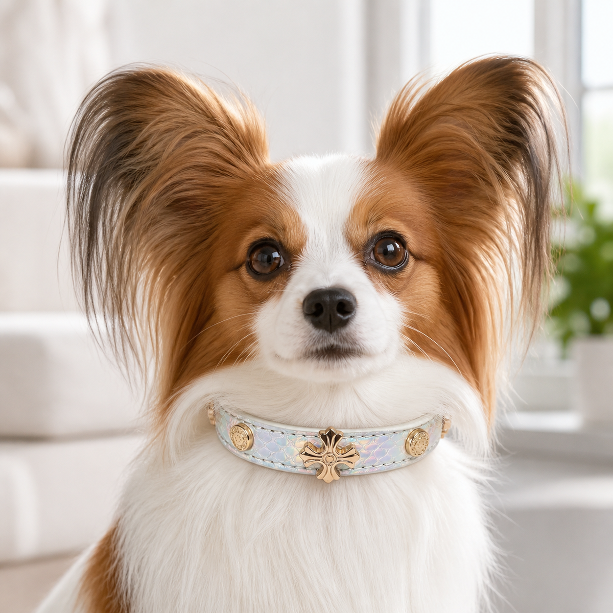 Iridescent Bloom Dog Collar with Rose-Gold Floral Accent