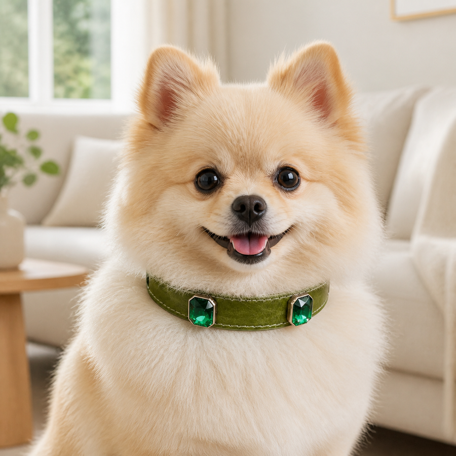 Forest Emerald Dog Collar with Olive-Green Finish and Crystal Accents
