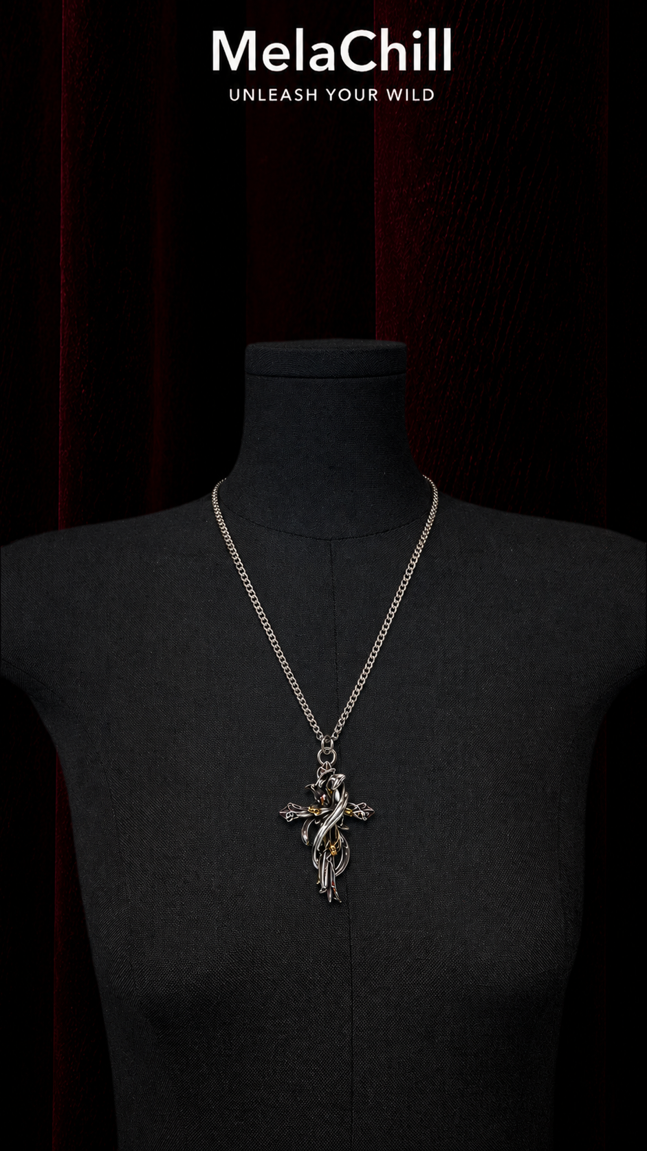 Dark Dual-Tone Thorned Vine Cross Metal Necklace
