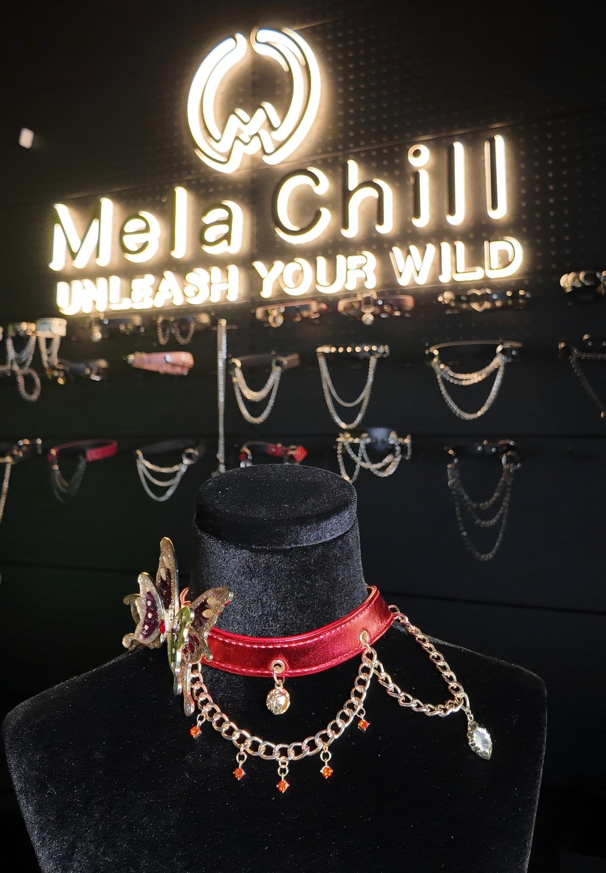 MelaChill Red Night Butterfly Choker Necklace | Rhinestone Leather Collar