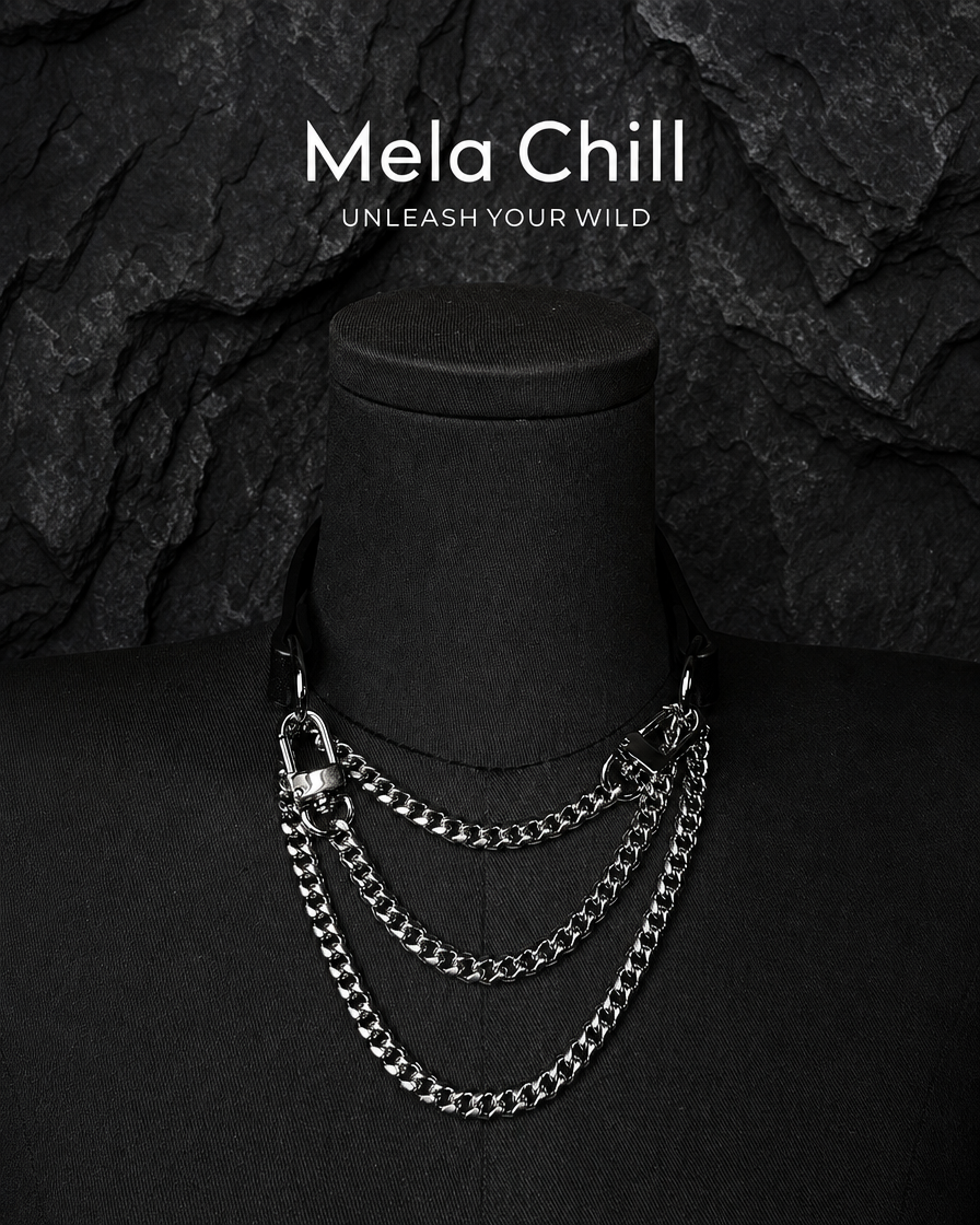 Mela Chill Breathless Black Leather Choker Necklace – Thick Chain with Movable Pull Chain, Removable Design for Daily Wear