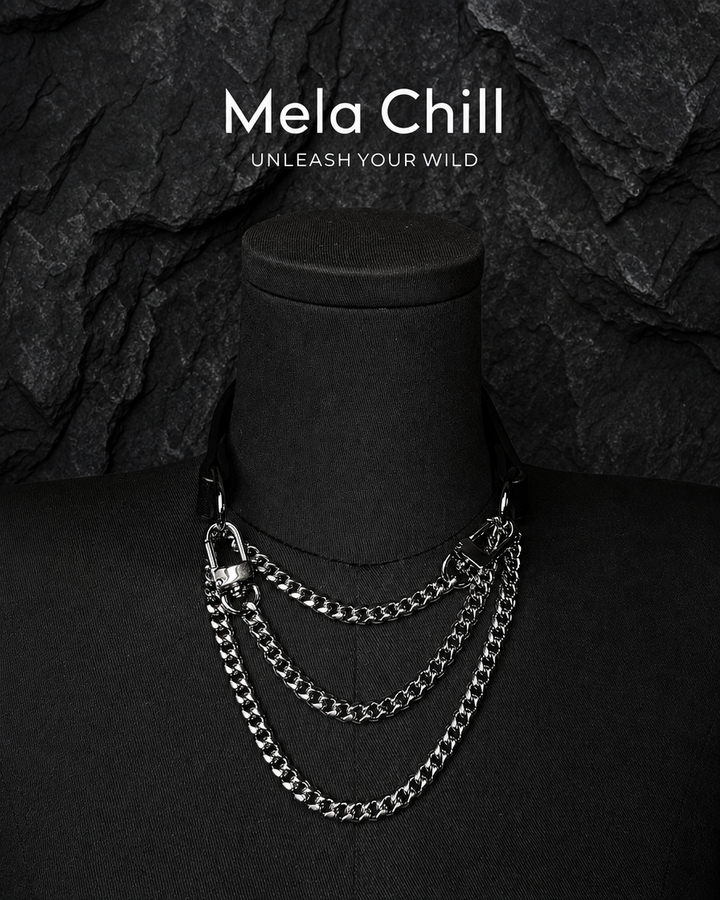 Mela Chill Breathless Black Leather Choker Necklace – Thick Chain with Movable Pull Chain, Removable Design for Daily Wear