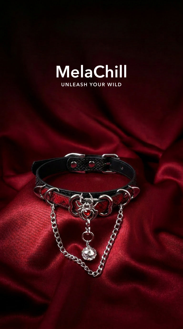 Black Red Gothic Spider Chain Choker Necklace | Red Striped Faux Leather Collar with Crystal Ball Pendant
