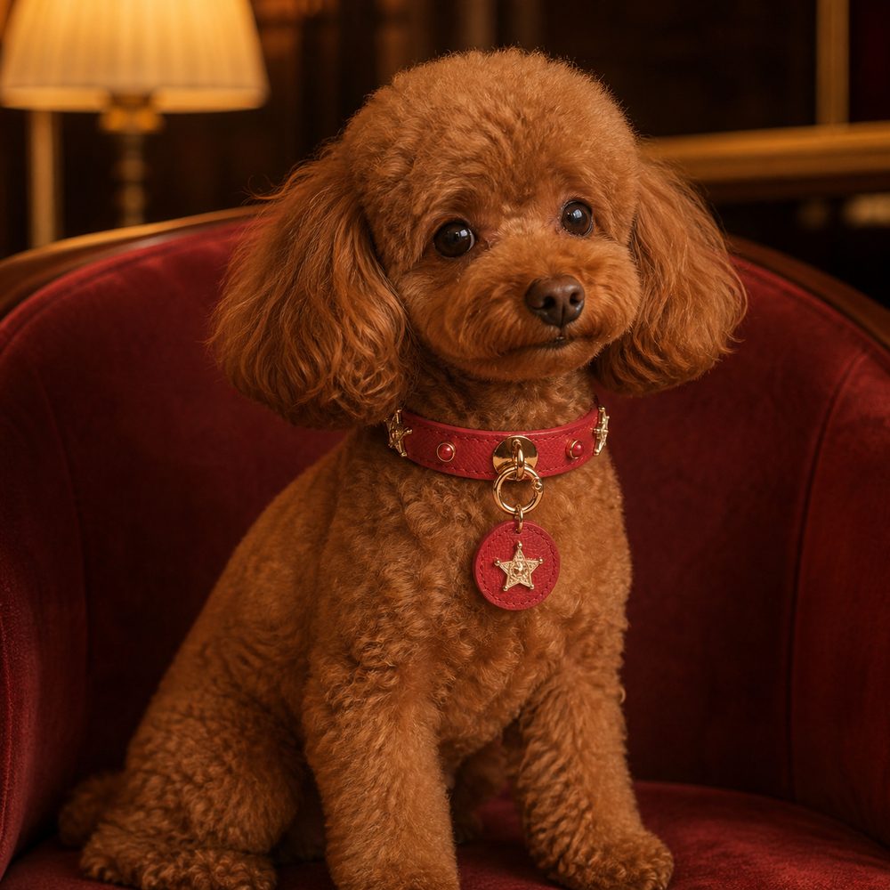 Crimson Guardian Dog Collar with Gold Rings and Sheriff-Star Medallion