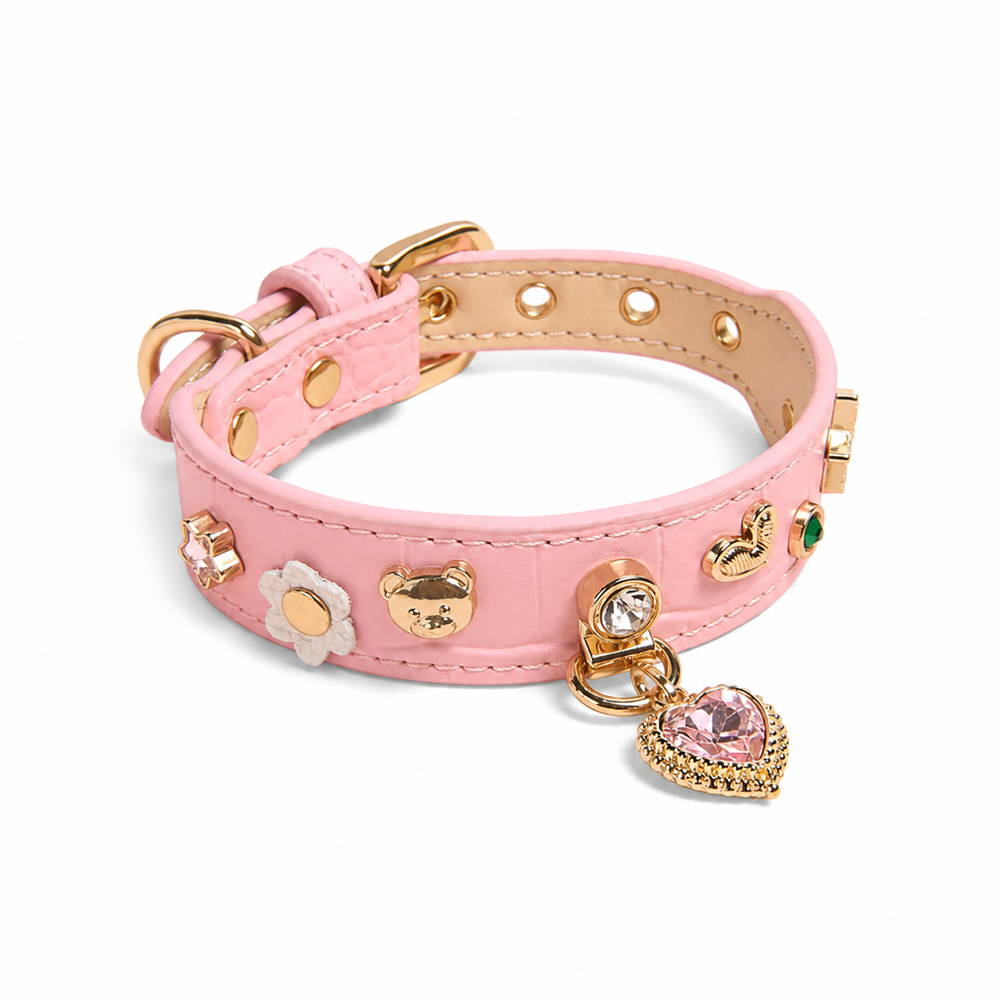 Blush Treasure Dog Collar with Playful Charms and Crystal Heart Pendant