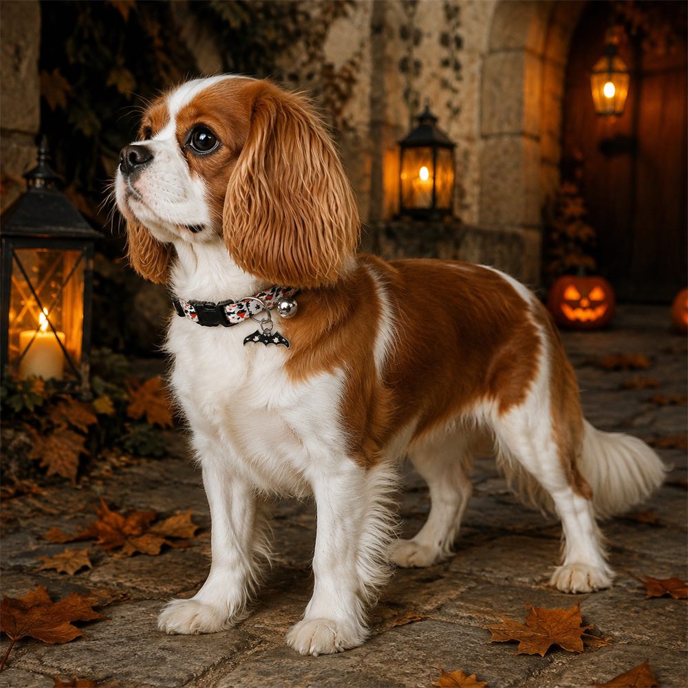 Blood Moon Bat Dog Collar with Skull Bow and Halloween Charms