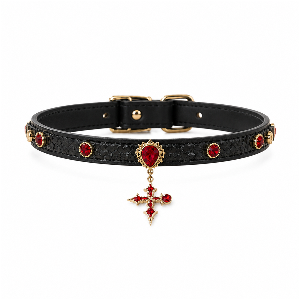 Crimson Crest Dog Collar with Red Crystals and Heritage Cross