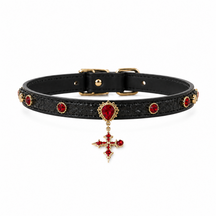 Crimson Crest Dog Collar with Red Crystals and Heritage Cross