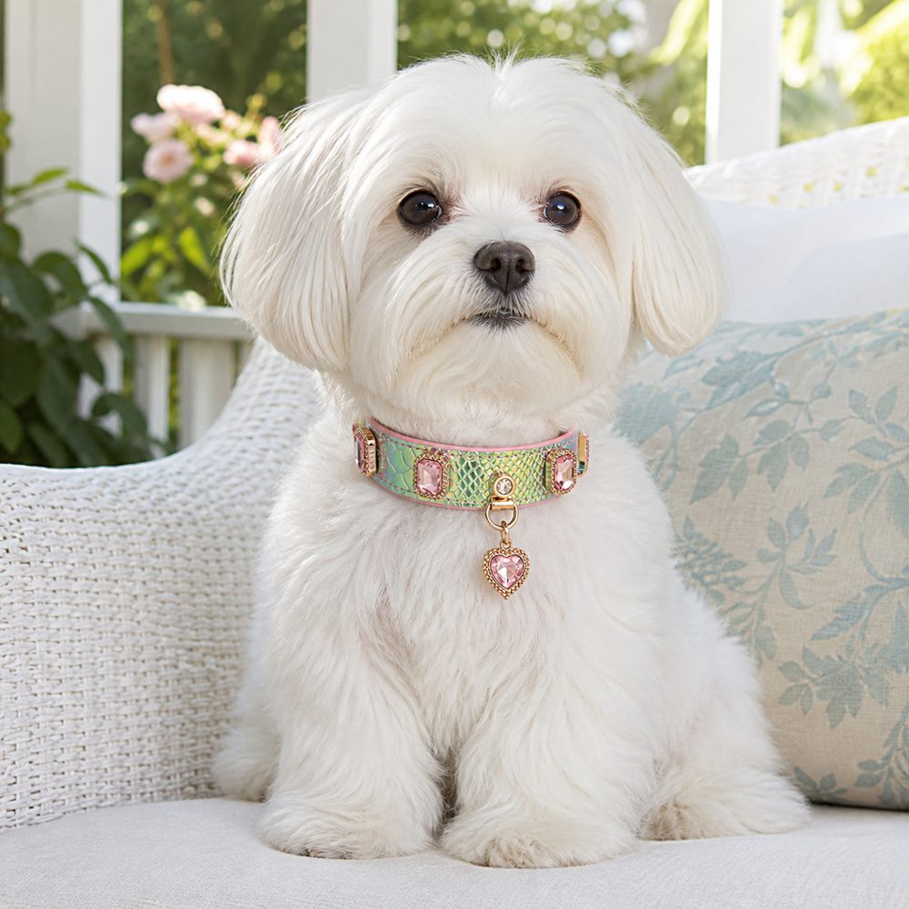 Prismatic Scale Dog Collar with Pink Crystals and Heart Charm