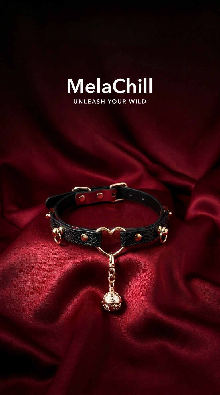 Sweet Gothic Heart Hollow Ball Choker Necklace | Black Embossed Faux Leather Collar with Red Lining & Gold Heart Frame Rose Ball Pendant