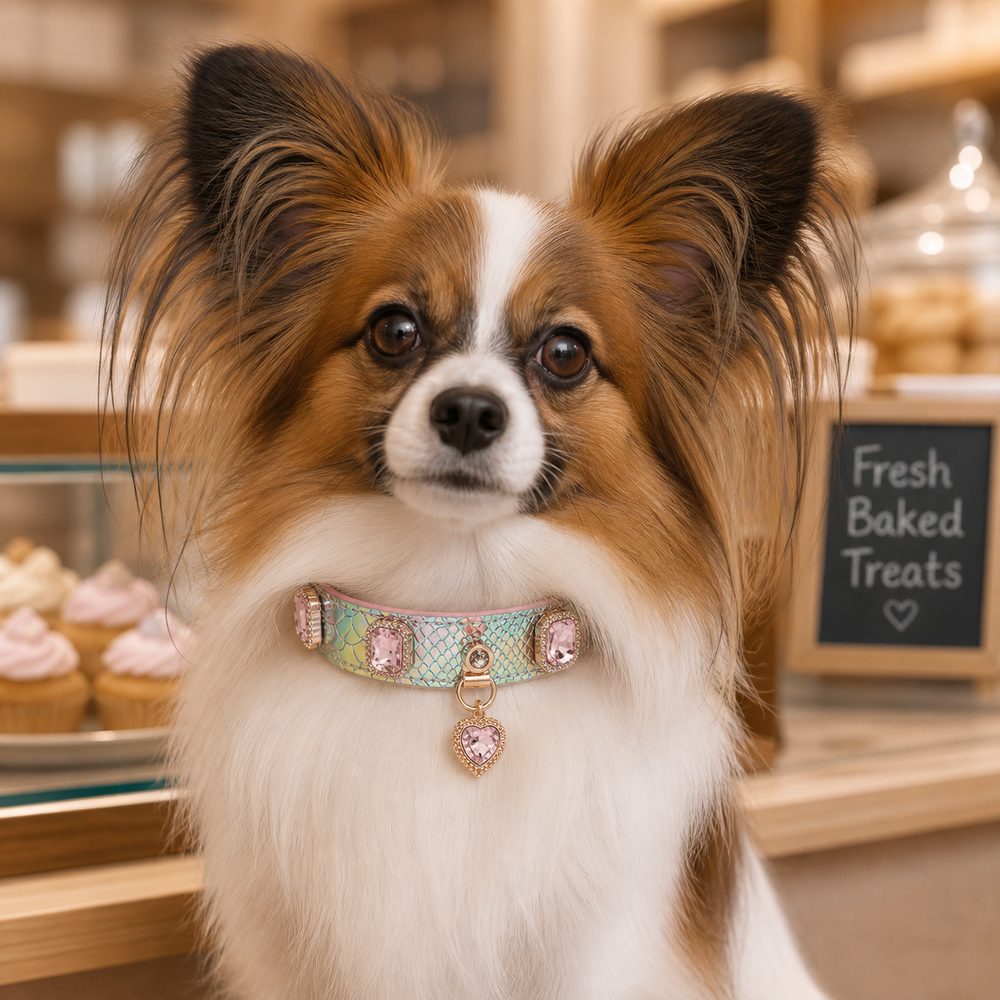 Prismatic Scale Dog Collar with Pink Crystals and Heart Charm