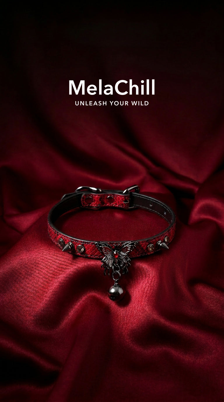 Black Red Gothic Spike Butterfly Bell Choker Necklace | Red Snake Embossed Faux Leather Collar with Antique Butterfly Ornament & Metal Bell Drop