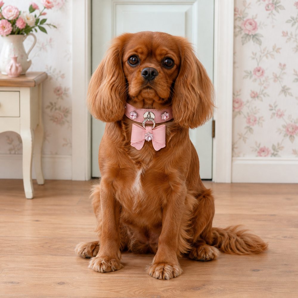 Blush Blossom Dog Collar with Bow and Iridescent Floral Crystals