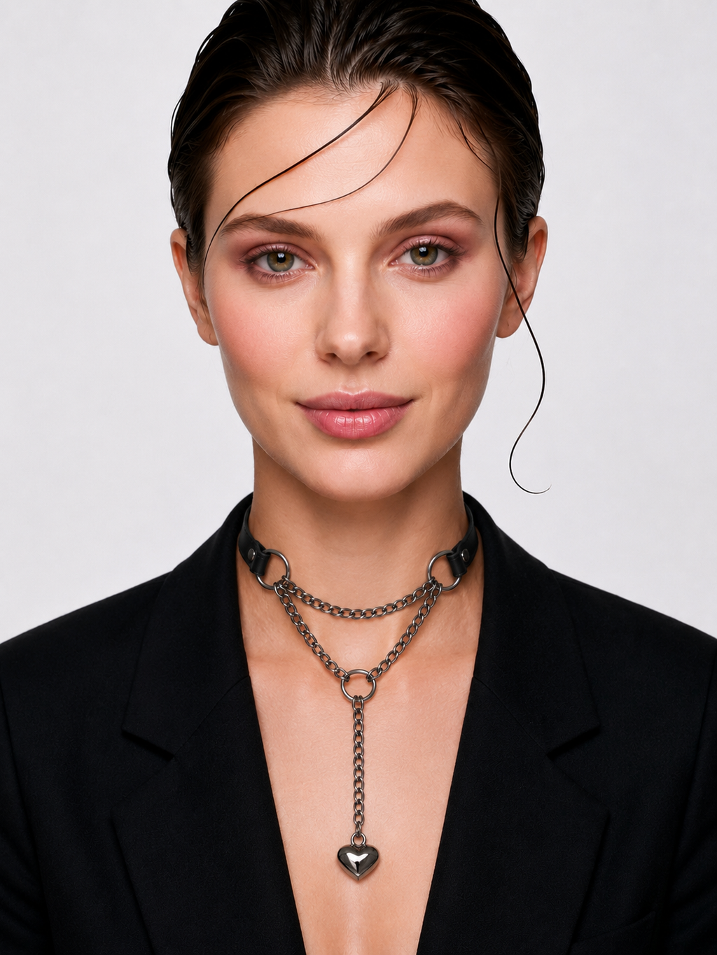 MelaChill [Breathless] Black Leather Choker Necklace, Thick Chain & Movable Pulling Chain, Versatile Daily Wear with Love Lock