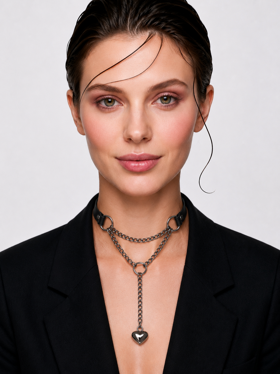 MelaChill [Breathless] Black Leather Choker Necklace, Thick Chain & Movable Pulling Chain, Versatile Daily Wear with Love Lock