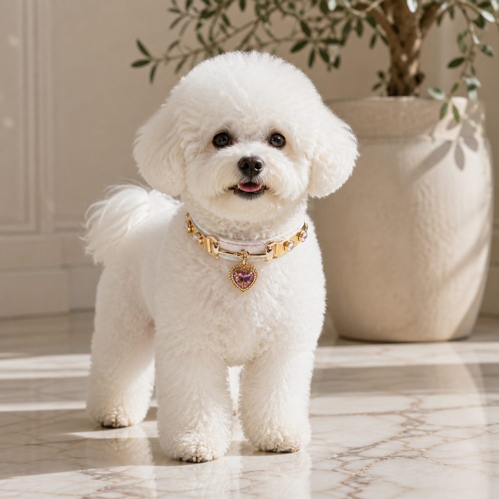 Rainbow Stitch White Dog Collar with Pink Crystal Heart Charm
