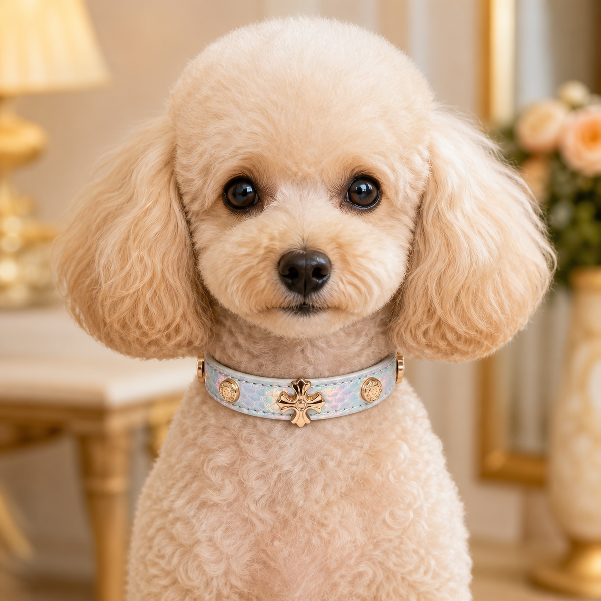 Iridescent Bloom Dog Collar with Rose-Gold Floral Accent