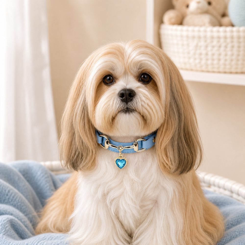 Azure Heart Dog Collar with Gold-Tone Bit and Blue Crystal Charm