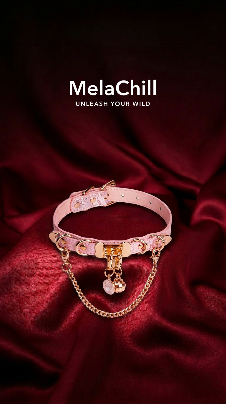 Sweet Gothic Pink O-Ring Chain Choker Necklace | Pastel Pink Faux Leather Collar with Gold Chain & Rhinestone Ball Pendant