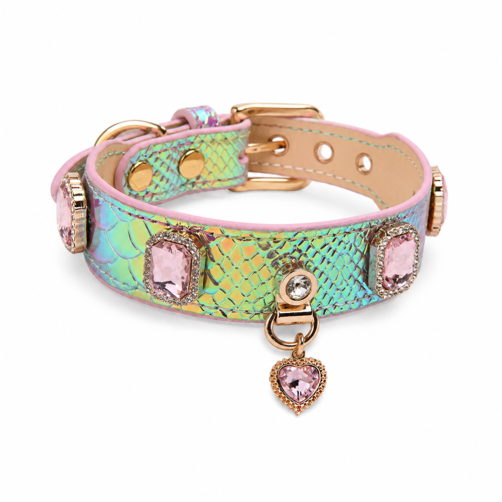 Aurora Scale Cat Collar with Pink Crystal Heart Pendant