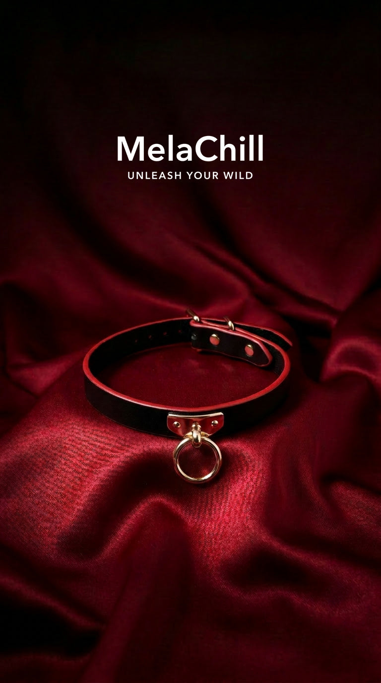 MelaChill Gothic Punk Choker Set | Leather Collar + Gold Chain Leash