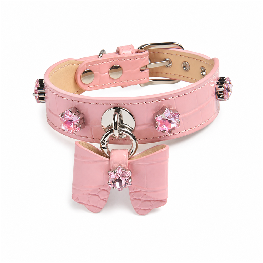 Cherry Blossom Cat Collar with Pink Bow and Crystal Flowers