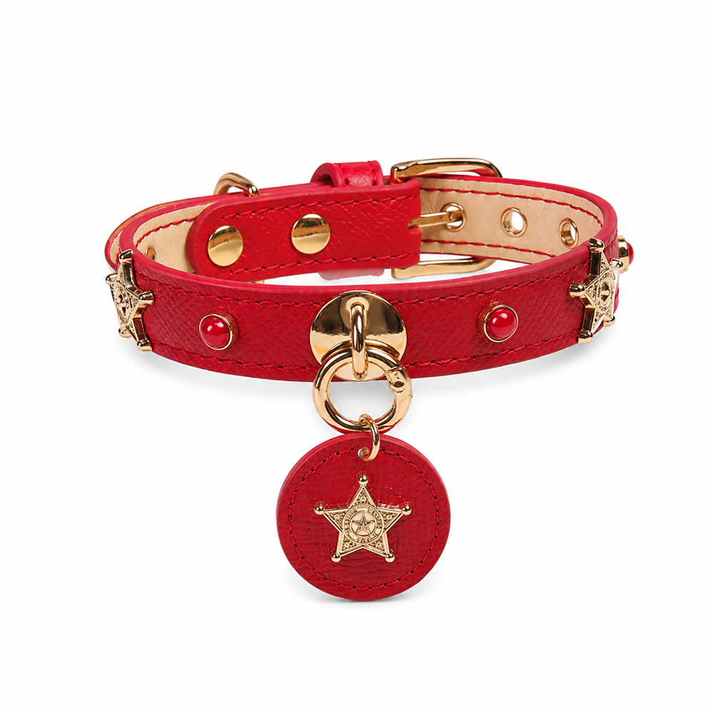 Crimson Guardian Dog Collar with Gold Rings and Sheriff-Star Medallion