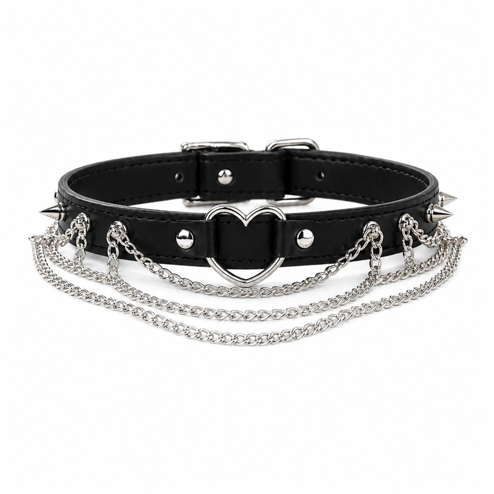 Midnight Heart Dog Collar with Silver Spikes and Layered Chains
