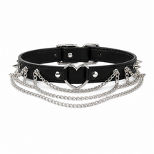 Midnight Heart Dog Collar with Silver Spikes and Layered Chains
