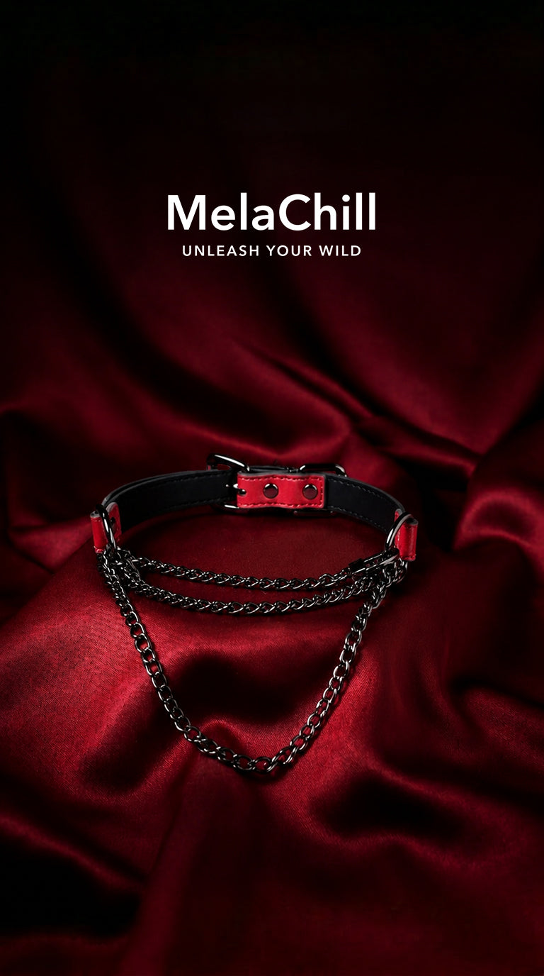 Black Red Gothic Triple Layer Chain Choker Necklace | Black Faux Leather Collar with Red Wrap Cuffs & Gunmetal Multi-Layer Chains