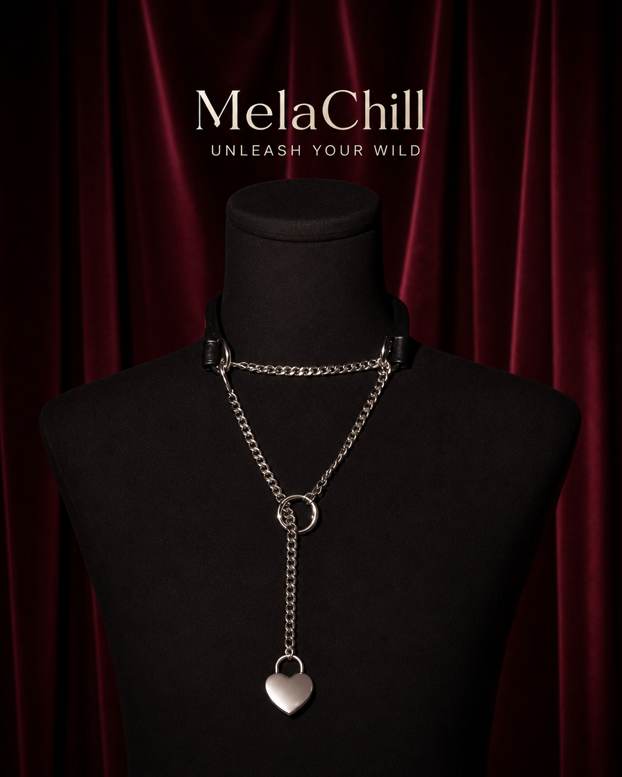 MelaChill [Breathless] Black Leather Choker Necklace, Thick Chain & Movable Pulling Chain, Versatile Daily Wear with Love Lock