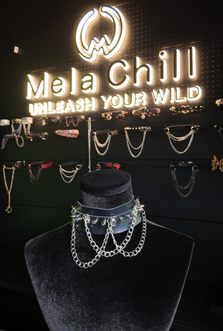 MelaChill Gothic Dark Choker Necklace | Black Studded Chain Soft Leather Collar
