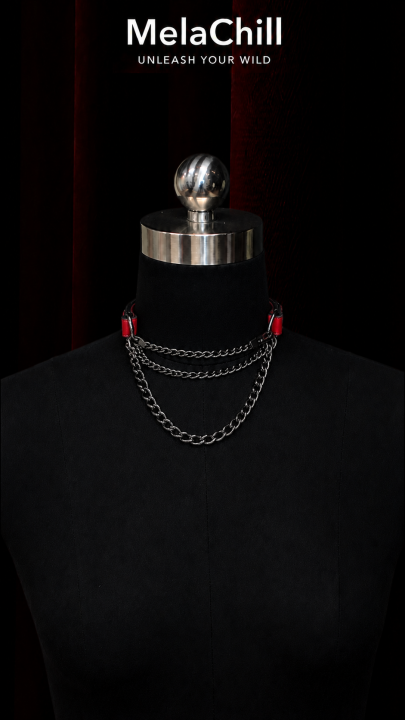 Black Red Gothic Triple Layer Chain Choker Necklace | Black Faux Leather Collar with Red Wrap Cuffs & Gunmetal Multi-Layer Chains