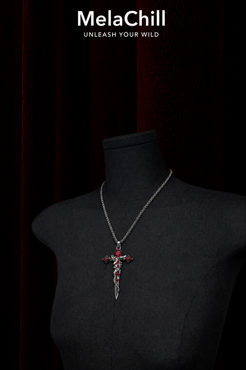 Thorned Red Diamond Holy Sword Cross Cuban Chain Necklace