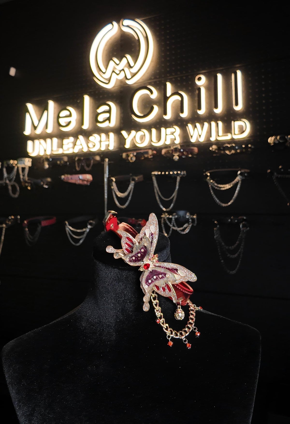 MelaChill Red Night Butterfly Choker Necklace | Rhinestone Leather Collar