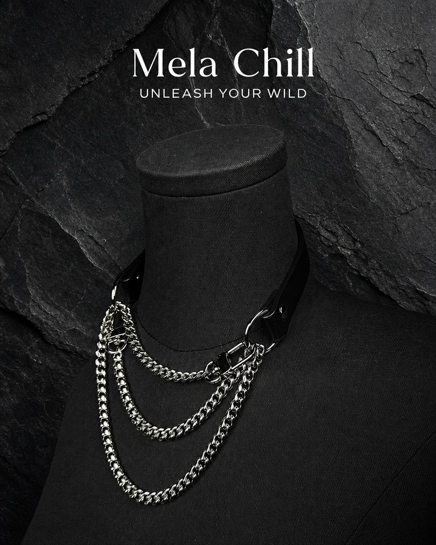 Mela Chill Breathless Black Leather Choker Necklace – Thick Chain with Movable Pull Chain, Removable Design for Daily Wear