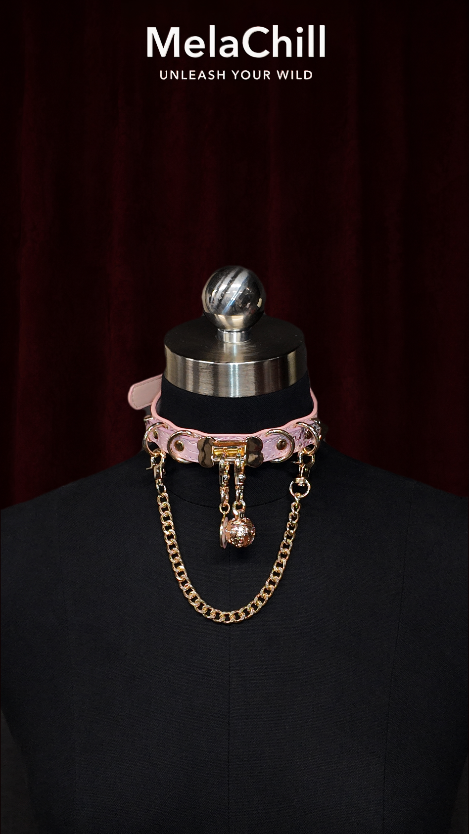 Sweet Gothic Pink O-Ring Chain Choker Necklace | Pastel Pink Faux Leather Collar with Gold Chain & Rhinestone Ball Pendant