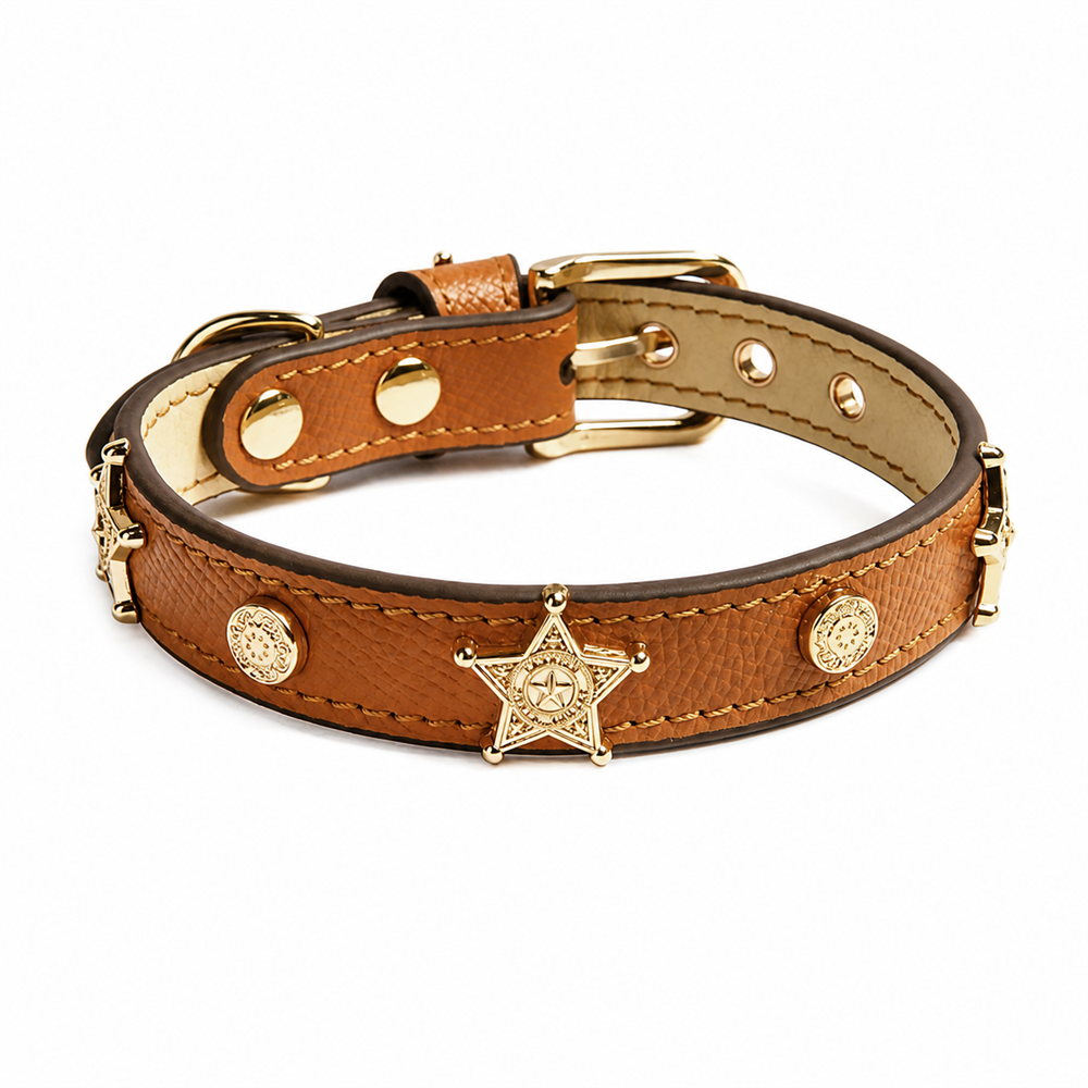 Caramel Star Cat Collar with Vintage Gold Guardian Emblem