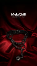 MelaChill [Breathless] Black Leather Choker Necklace, Thick Chain & Movable Pulling Chain, Versatile Daily Wear with Love Lock
