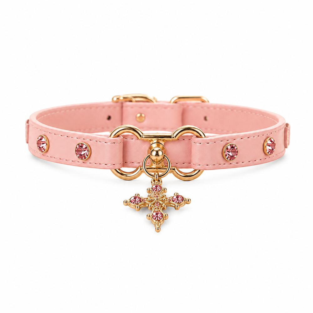 Blush Radiance Dog Collar with Pink Crystals and Gold Cross Charm