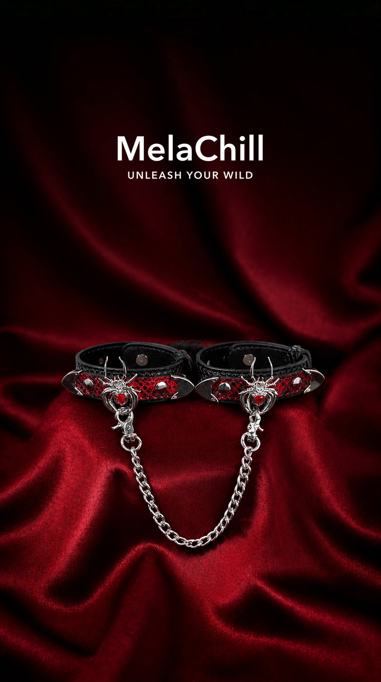 Fetter Series Red Snake Spike Spider Cuff Bracelet Set | Black & Red Snake Print Wrist Cuffs with Silver Spider Heart Ornament & Connecting Chain