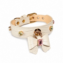 Ivory Crystal Dog Collar with Croc-Embossed Bow Charm