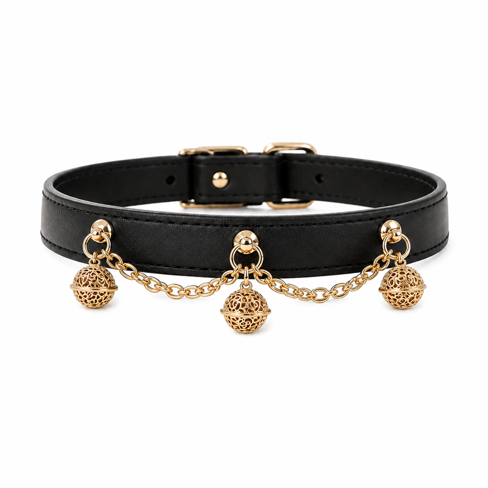 Black and Gold Dog Collar with Triple Filigree Orbs and Draped Chains