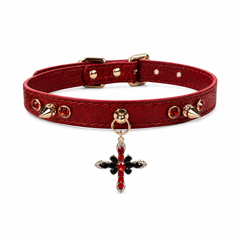 Crimson Flame Dog Collar with Gold Spikes and Jeweled Cross Charm